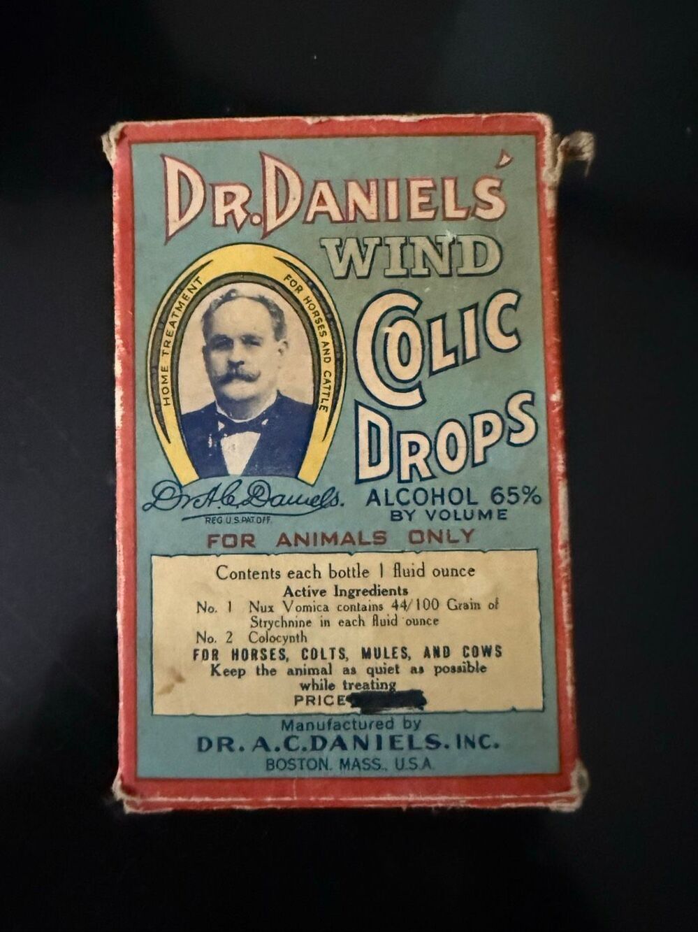 Antique Dr A.C. Daniels Wind Colic Drops Veterinary Medicine 2 Bottles Box Horse